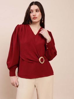 Globus - Women Maroon V-Neck Cuff Sleeves Self Design Buckle Detail Workwear Top