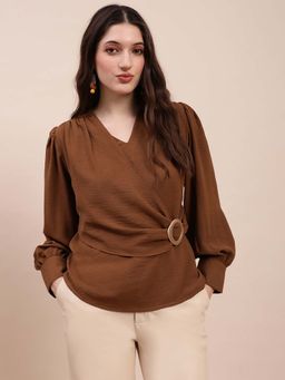 Globus - Women Brown V-Neck Cuff Sleeves Self Design Buckle Detail Workwear Top