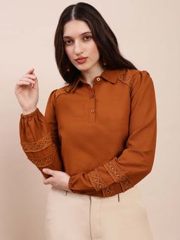 Globus - Women Brown Collared Neck Bishop Sleeves Lace Inserts Shirt Style Workwear Top
