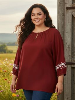 Globus - Women Maroon Keyhole Round Neck Floral Embroidered Raglan Sleeves Plus Size Top