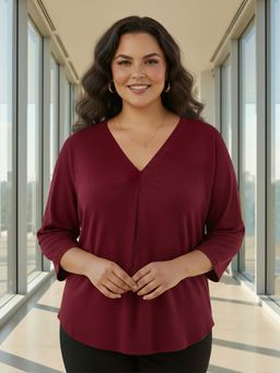 Globus - Women Maroon V-Neck Self Design Curved Hem Plus Size Workwear Top