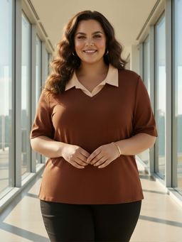 Globus - Women Brown Collared Neck Short Sleeves Ribbed Plus Size Workwear Top