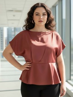 Globus - Women Pink Round Neck Extended Sleeves Satin Plus Size Workwear Peplum Top