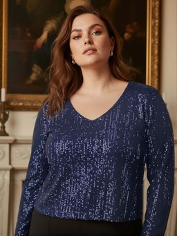 Globus - Women Navy Blue V-Neck Long Sleeves Sequins Plus Size Party Top