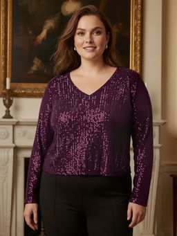 Globus - Women Purple V-Neck Long Sleeves Sequins Plus Size Party Top
