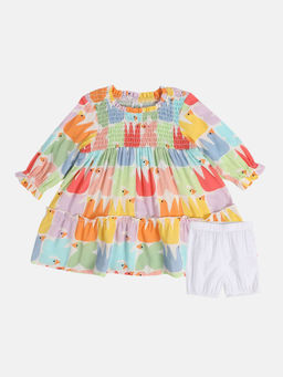 Hopscotch - Girls Multi-Color Printed Smocked Casual Dress with Bloomer