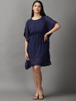 SHOWOFF - Womens Fit And Flare Blue Printed Dress