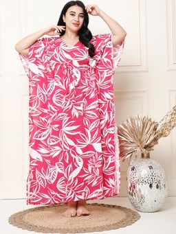 Secret Wish - Floral Print Pink Rayon Plus Size Kaftan Full Length