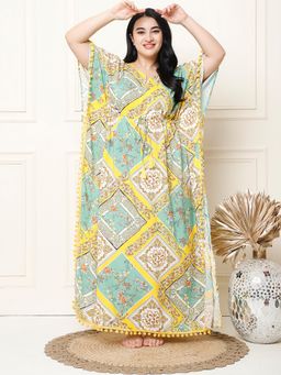 Secret Wish - Floral Print Yellow Rayon Plus Size Kaftan Full Length