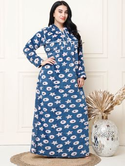 Secret Wish - Printed Blue Woolen Plus Size Nighty Full Length with Hoodie