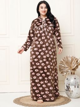 Secret Wish - Printed Brown Woolen Plus Size Nighty Full Length with Hoodie