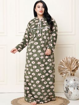 Secret Wish - Printed Olive Woolen Plus Size Nighty Full Length with Hoodie