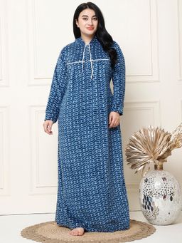 Secret Wish - Geometric Print Blue Woolen Plus Size Nighty Full Length with Hoodie