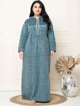 Secret Wish - Geometric Print Green Woolen Plus Size Nighty Full Length with Hoodie