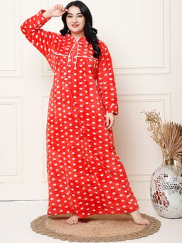Secret Wish - Polka Dot Red Woolen Plus Size Nighty Full Length with Hoodie