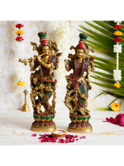 eCraftIndia - Colorful Radha Krishna Playing Flute Handcrafted Brass Idol With Stone Work