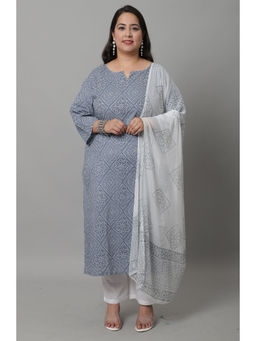 Rajnandini - Womens Cotton Embroidered Plus Size Kurta with Dupatta Grey & White (Set of 3)