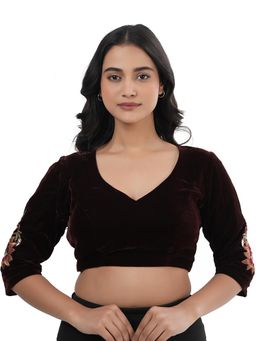 Ritivesh - Women Brown Velvet Embroidered Stitched Blouse