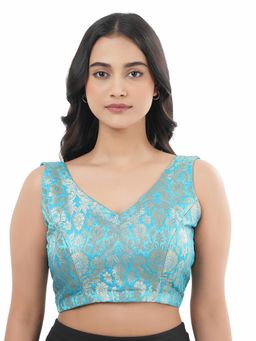 Ritivesh - Women Turquoise Brocade Woven Stitched Blouse