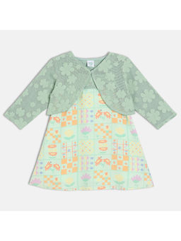 MINI KLUB - Green Cotton Sleeveless Floral Printed Dress with Jacket