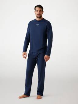 Guess - Blue Cotton Solid Men T-Shirt and Pyjama Set