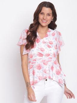 Latin Quarters - Floral Print Flare Sleeve Casual Regular Top Pink