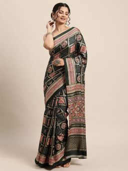 Odette - Womens Pashmina Silk Black Printed Saree with Unstitched Blouse