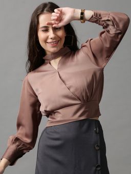 SHOWOFF - Women's Puff Sleeves Solid Taupe Cinched Waist Top