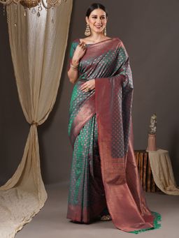 Akhilam - Womens Silk Blend Green Woven Design Saree with Unstitched Blouse