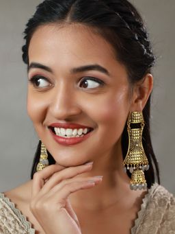 Priyaasi - Floral Grey Gold Plated Long Drop Jhumka Earrings
