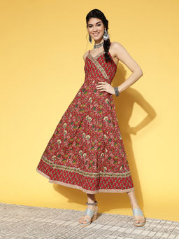 Yufta - Red & Brown Floral Printed Pure Cotton A-line Maxi Dress