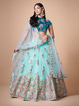Odette - Elegant Turquoise Semi Stitched Lehenga With Unstitched Blouse (Set of 3)
