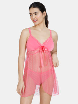 Zivame - Lace N Mesh Baby Doll With Thong - Pink Lemonade