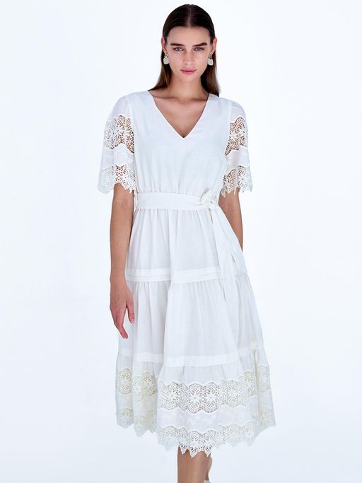 knee length dresses for ladies Printed Round Neck Flounce Sleeve Midi Dress  Charming Charlie