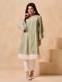 Gajra Gang - Lavendare Green Crochet Lace detail Kurta and Pant GGSKD120 (Set of 2)