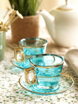 Pure Home + Living - Blue Straight Glass Gold Rim Tea Cups Saucers