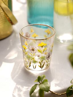 Pure Home + Living - Clear Yellow Floral Print Drinking Glasses (Pack of 2)