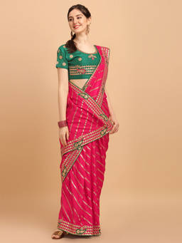 Amrutam Fab - Womens Embroidered Leheria Silk Blend Pink Saree With Unstitched Blouse Piece