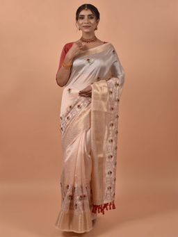 Odette - Peach Silk Embroidered Saree with Unstitched Blouse