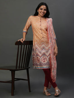 Aurelia - Peach Printed Ethnic Kurta with Tights and Dupatta (Set of 3)