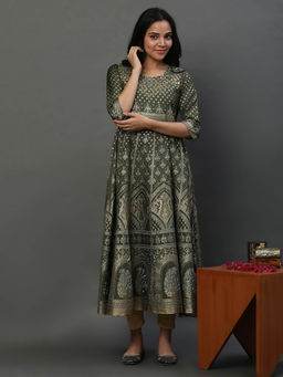 Aurelia - Green Printed Kurta Dress & Tights (Set of 2)