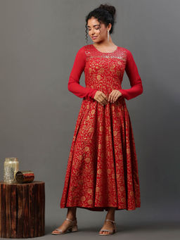 Aurelia - Red Floral Printed Anarkali Festive Kurta