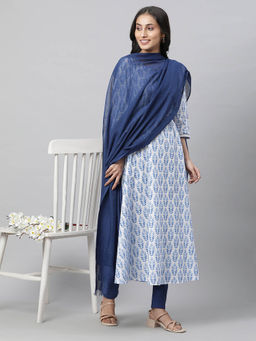 Aurelia - White & Blue Floral Print Kurta with Tights and Dupatta (Set of 3)