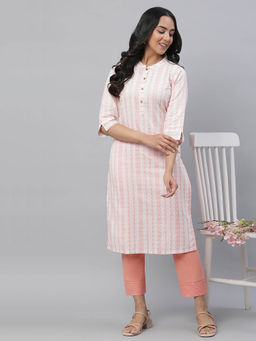 Aurelia - White & Peach Dobby Kurta and Trousers (Set of 2)