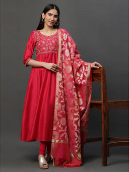 Aurelia - Pink Embroidered Anarkali Festive Kurta, Leggings and Dupatta Set