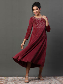 Aurelia - Maroon Embellished Velvet Festive Winter Dress