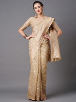 Akhilam - Cream Festive Silk Blend Woven Design Saree with Unstitched