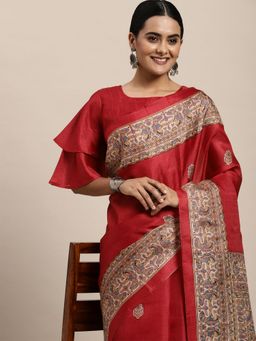 Odette - Khadi Silk Red Printed Saree with Unstitched Blouse