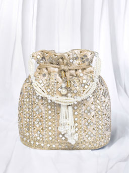 Peora - Cream Velvet Mirror Work Evening Bridal Potli