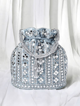 Peora - Grey Velvet Mirror Work Evening Bridal Potli